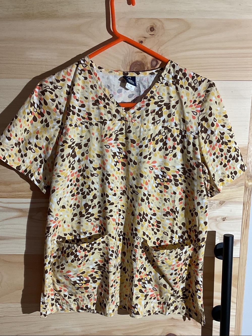 Barco Uniforms Short Sleeve scrub Top in Cream with Multicolor Leaf Print